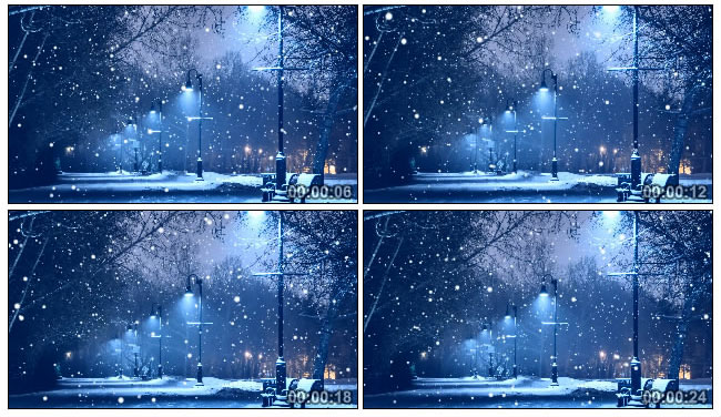 冬日下雪路灯照映冷清的街道